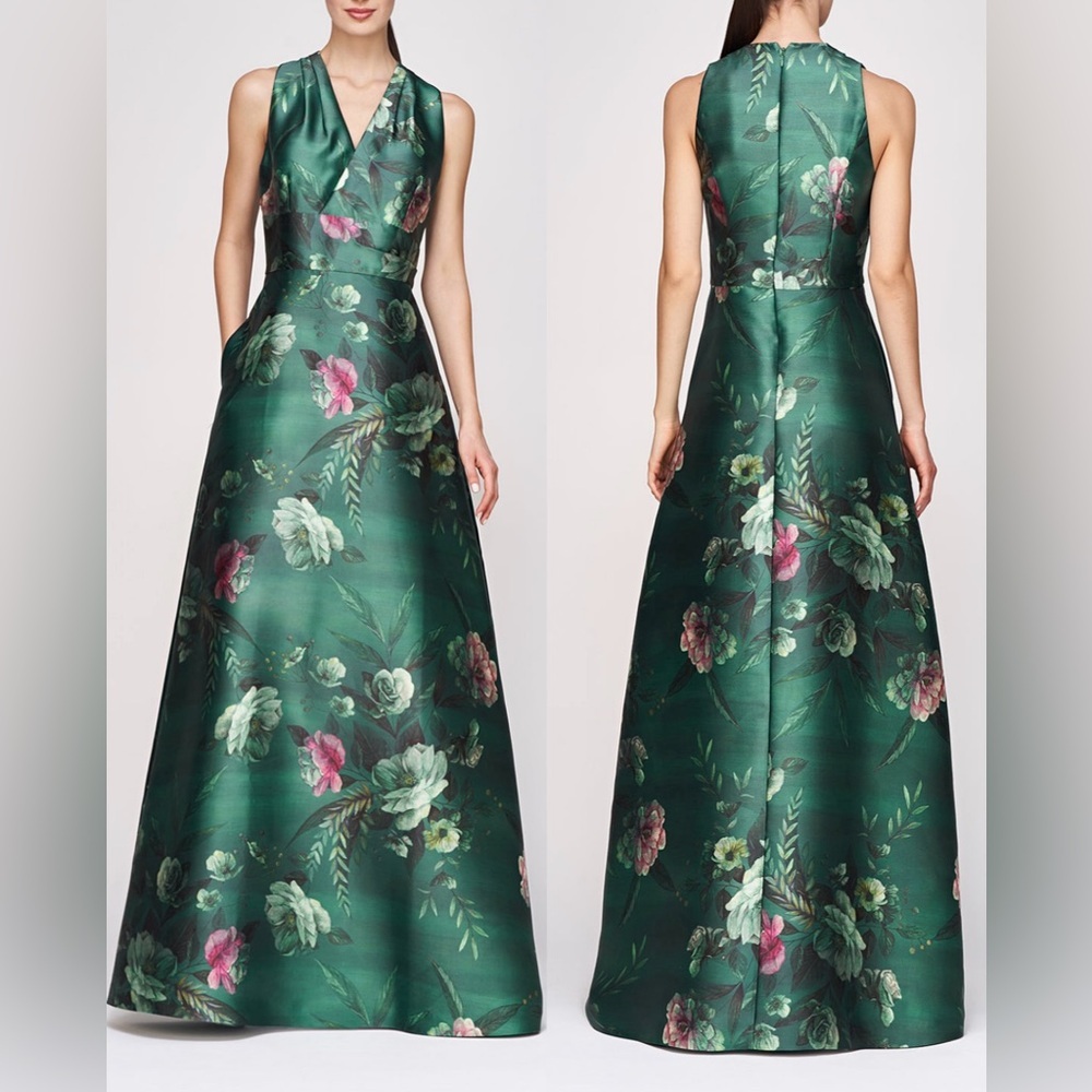 NEW KAY UNGER floral "ROSALIND" green v neck gown 55112449 sz 18